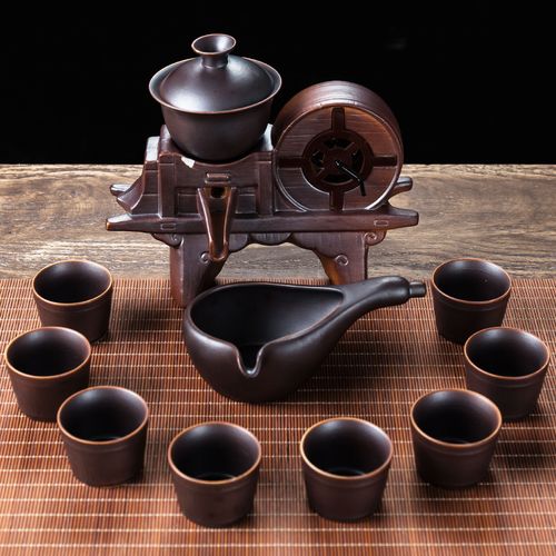 秦艺粗陶瓷全半自动茶具套装复古石磨简约懒人功夫泡茶器家用整套