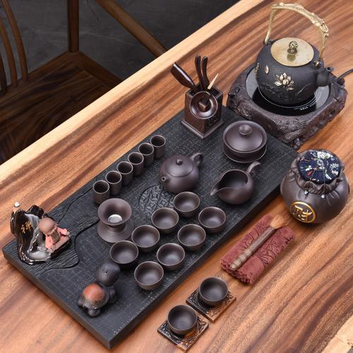 豪峰乌金石茶盘茶具套装铁壶电陶炉煮茶器功夫茶杯大号茶海黑金石茶台